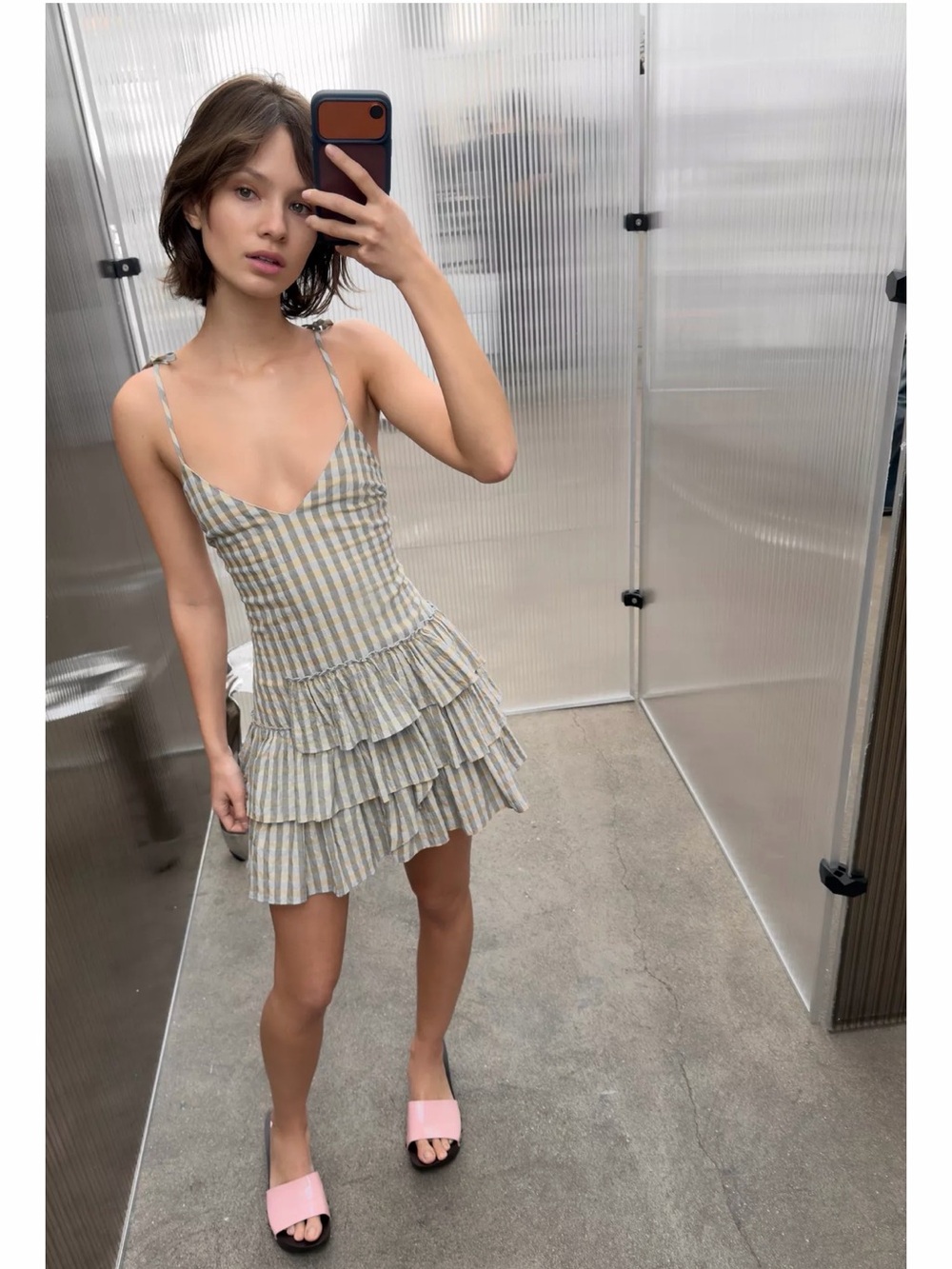 Zara Striped Ruffle Mini Dress in Beige and White